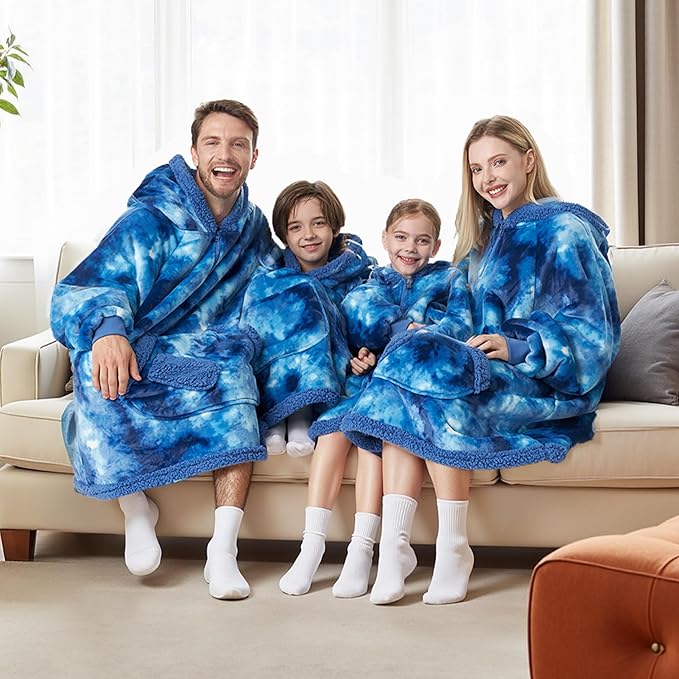 Giggling Getup Wearable Blanket Hoodie for Girls and Boys Warm Cozy Sherpa Fleece Hooded Blanket Sweatshirt Oversized Hoodie with Giant Pocket & Sleeves for Kids Dark Blue Tie Dye