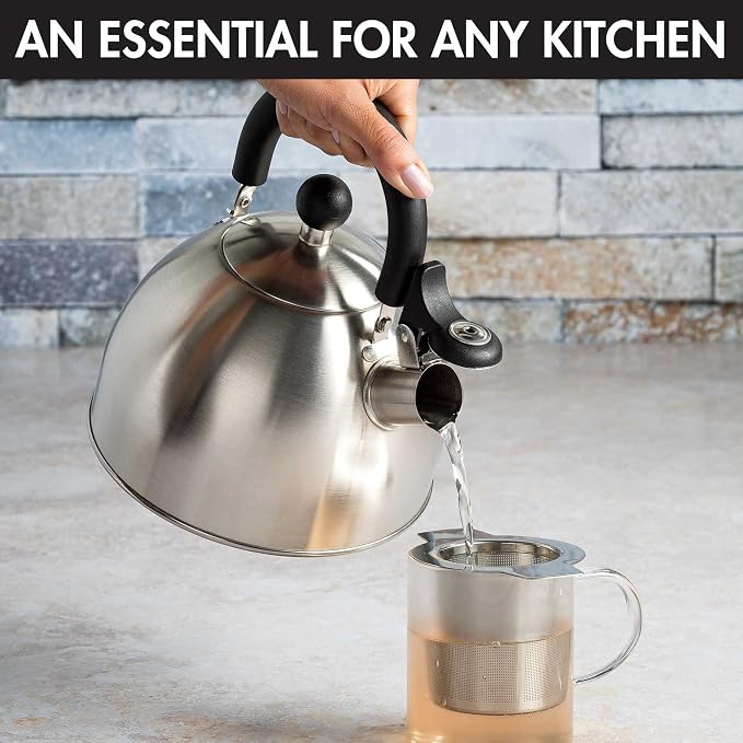 Primula Stewart Whistling Tea Kettle for Stovetop, Stainless Steel Stove Top Kettle with Fast Boil Whistling Spout and Cool Touch Folding Handle, 1.5-Quart, Brushed Silver with Black Handle