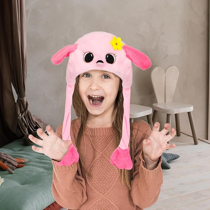 Animal Hat with Ears Moving Jumping Pop Up Beating Hat Plush Holiday Cosplay Dress Up Funny Gift for Kids