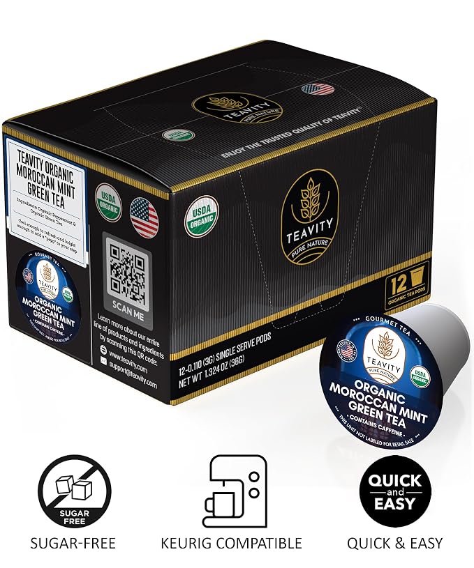 Organic Moroccan Mint Tea and Green Tea Pods for Keurig - Caffeinated Unsweet Tea for K Cup Brewing by Teavity (24 Tea Pods)
