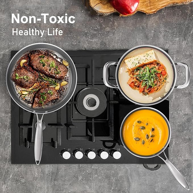 Hybrid Stainless Steel Cookware Set, 7pcs Pots and Pans Set Non Stick | Non-Toxic, Induction Compatile, Oven and Dishwasher Safe, PFOA Free, Stay-Cool Handles