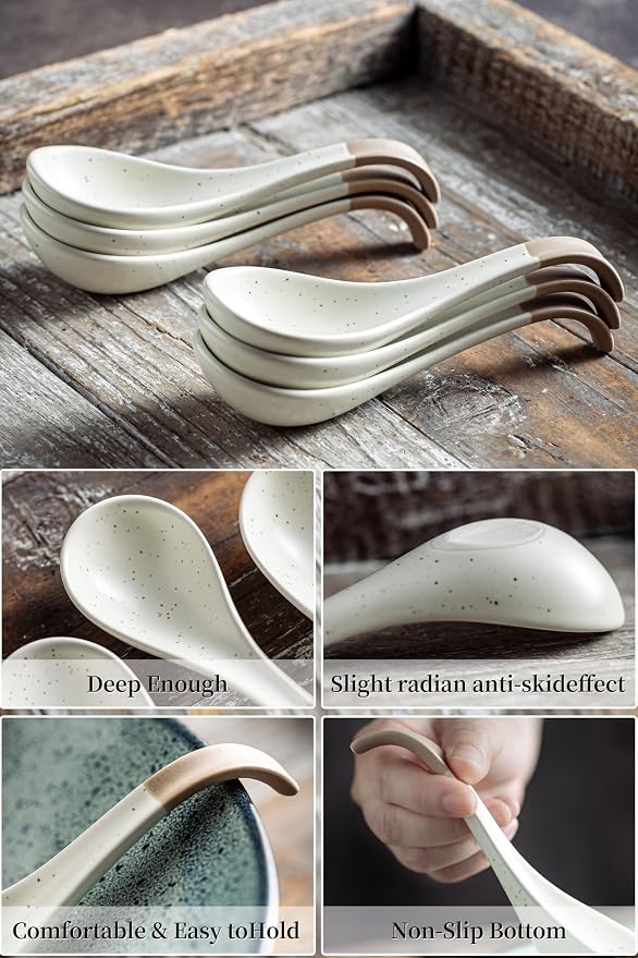 LYEOBOH 6 Pieces Asian Soup Spoons, Japanese Kitchen Soup Spoon Set, Dinner Tablespoons with Long Handle for Cereal, Ramen, Ice Cream, Dishwasher & Microwave Safe, Rustic Decor, White and Brown