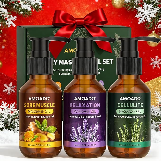 Massage Oil for Massage Therapy, Arnica & Ginger Oil, Lavender & Mint Oil, Eucalyptus & Rosemary Essential Oils, Sore Muscle Relief, Anti Cellulite, Relaxation, Body Massage Oils Spa Gift Set, 10.5oz