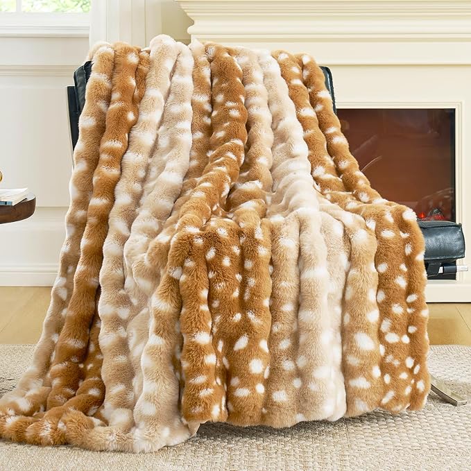 Cozy Bliss Deer Print Faux Fur Throw for Couch, Fuzzy Soft Plush Thick Bubble Blanket for Sofa Bedroom Living Room, 50x60 Inches
