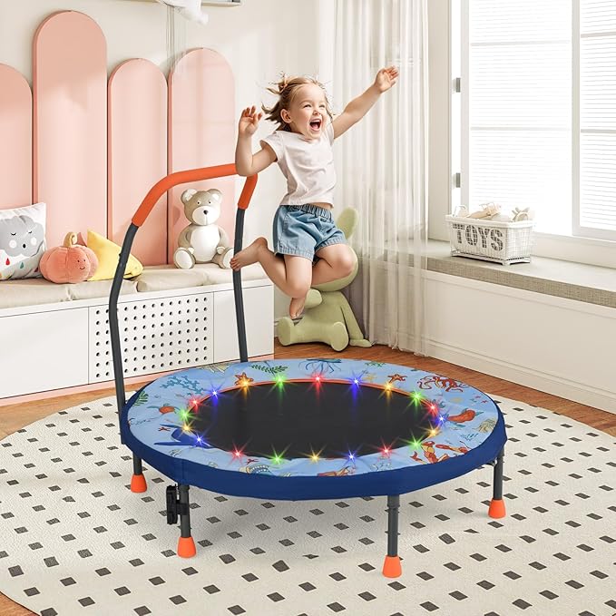 GYMAX 36” Toddler Trampoline with Lights, Folding Springless ASTM Approved Small Kids Rebounder with Foam Handle, Safety Padded Cover & Foldable Legs, Mini Indoor Baby Trampolines