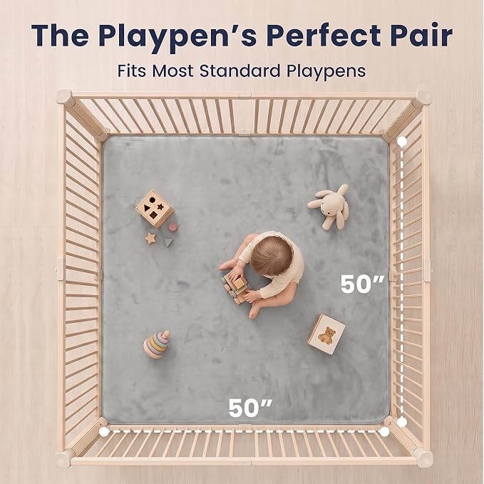 Baby Play Mat for Floor,1.3" Thick Elasti-Foam 50"×50" Playpen Mat for Tummy Time,Water Repellent Soft Coral Velvet for Toddler,Infant,Kids,Non-Slip Backing Safe for Crawling(Light Gray)