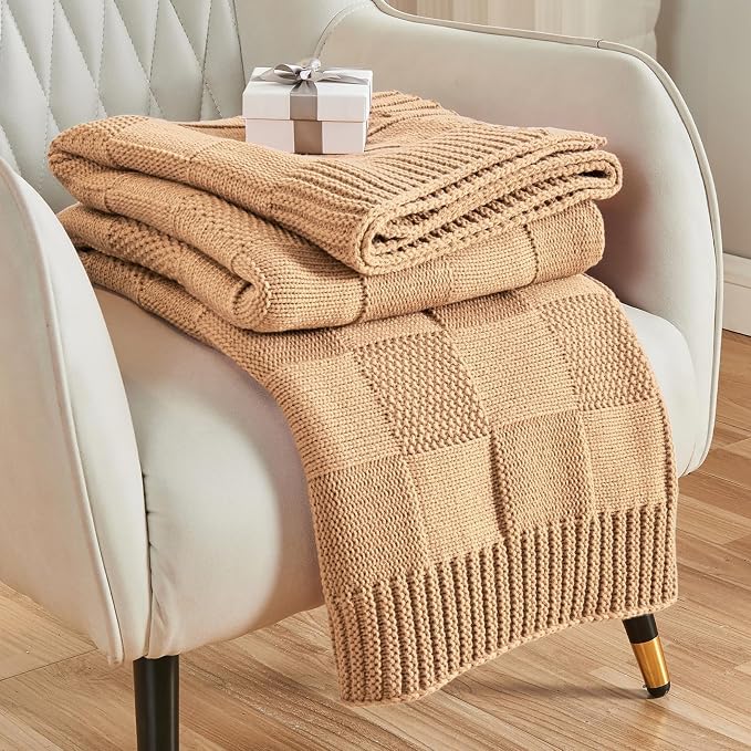 CozeCube Beige Knitted Checkered Throw Blanket 60"X80" | Check Knit Throw for Couch, Decorative Christmas Soft Cozy Warm Blanket for Bed Sofa Living Room