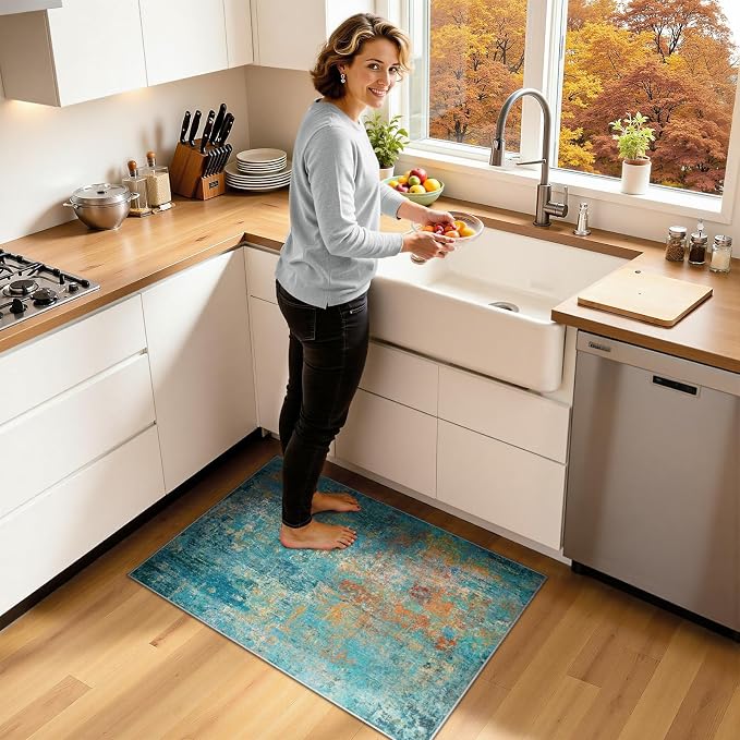 RELEANY Washable 2'x3' Abstract Area Rug for Living Room Teal Multi | carpet for bedroom, kitchen, office, hallway and entryway, printed pattern, non-slip, soft, stain-resistant, easy to clean