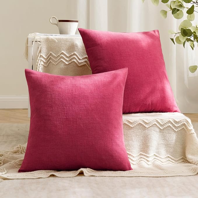 MIULEE Hot Pink Red Chenille Couch Throw Pillow Covers, 20x20 | Set of 2, Soft Farmhouse Modern Home Decor, Decorative Pillowcases for Sofa Living Room Bed