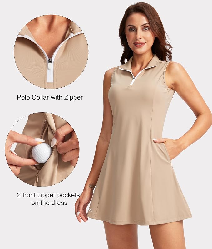 Viodia Women's Tennis Golf Dress with Shorts | Active, Exercise, Workout, Sports, Athletic, Dresses for Women, with Zipper Pockets