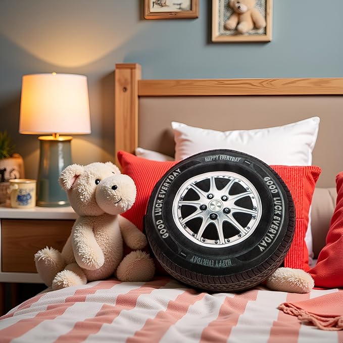 15.7 Inch Big Creative 3D Simulation Wheel Plush Pillow,Soft Car Tire Pillow Wheel Toy Outdoor Cushions for Car Owners,Clever Boy's and Girl's Room Decor