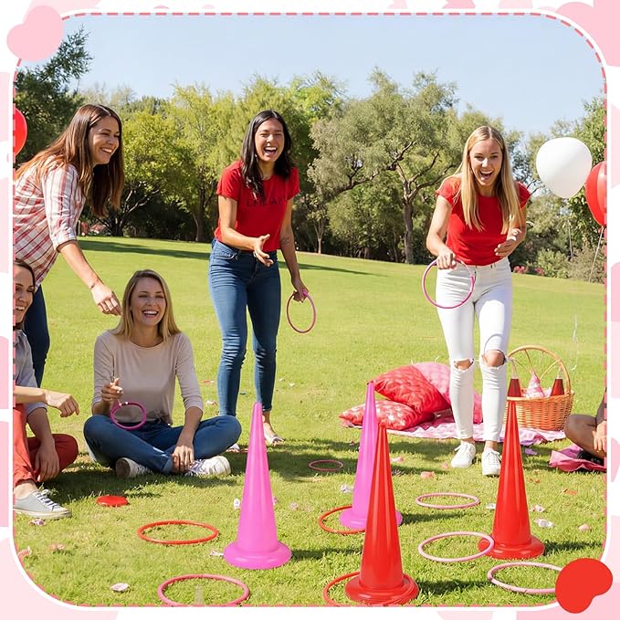 RoundFunny 16 Pcs Pink Ring Toss Game Set Wedding Party Games with Inflatable Ring Toss and Pump Indoor Outdoor Garden Game Supplies for Home Family Carnival Party Decorations