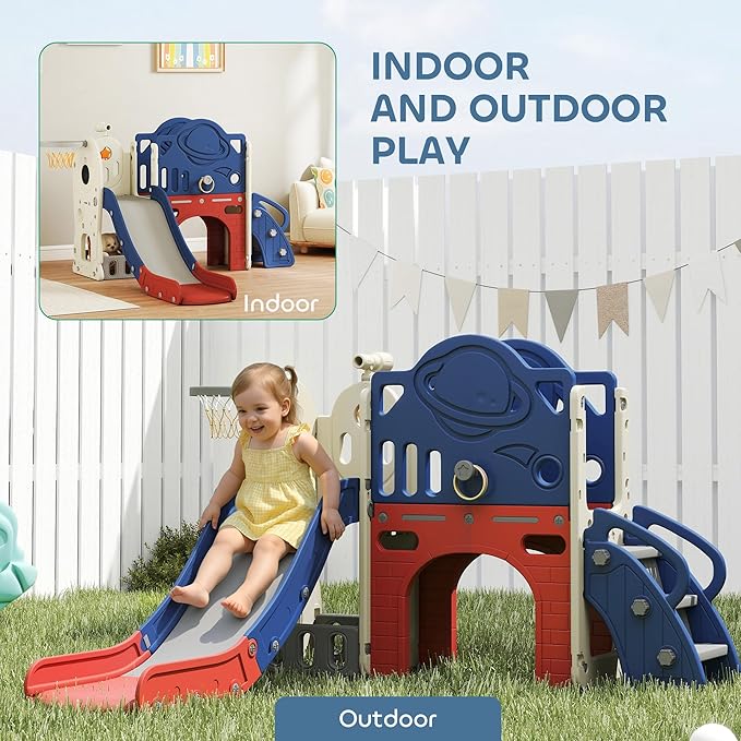Qaba 8 in 1 Toddler Slide Set, Kids Climber Slider with Basketball Hoop and Ball, Ring Toss, Telescope, Storage, Outdoor Indoor Playground for Toddlers Aged 1-6