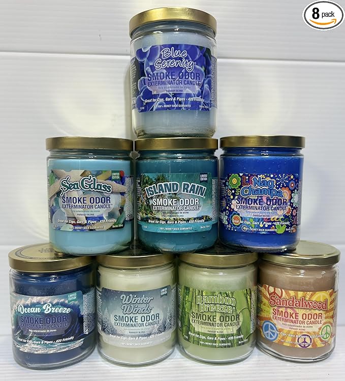 Smoke Odor Exterminator 13 oz Jar Candles Blue Serenity | Assortment of 8, Includes Blue Serenity, Winter Wind, Ocean Breeze, Nag Champa