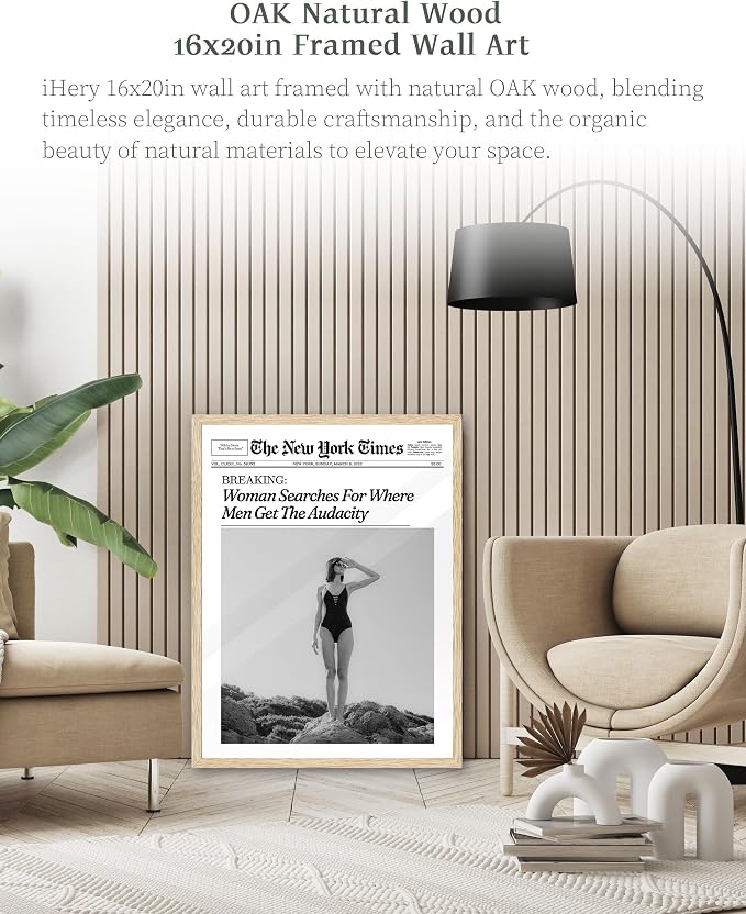 iHery 16x20in Where Men Get the Audacity Framed Newspaper Wall Art | Natural OAK Wood Frame with Canvas Print, Funny Magazine Decor for Bathroom, Bedroom, Girl Dorm and Living Room, 1Pack