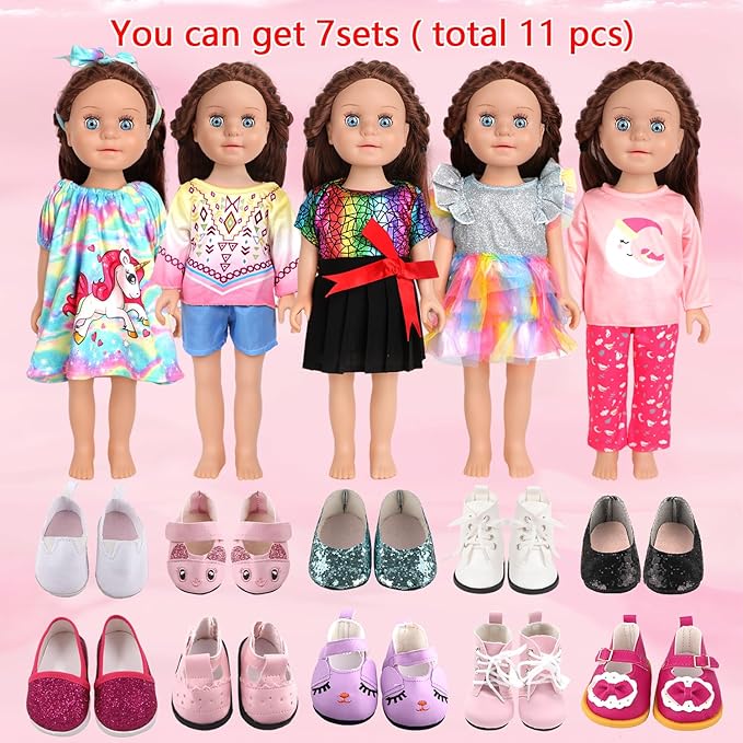 7-Set Doll Clothes & Shoes for 17-18 Inch Dolls / 11-Piece Outfits (Unicorn Dress, Pajamas, Glitter Shoes & More)