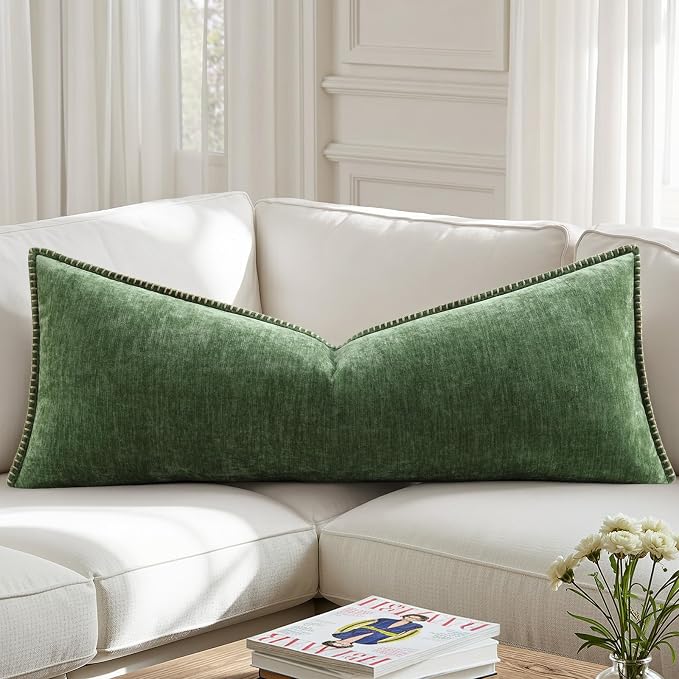 decorUhome Soft Chenille Throw Pillow Covers 14x36 Pack of 1 Forest Green | Fall Textured Decorative Throw Pillow Cases Stitched Edge Modern Farmhouse Luxury Boho Velvet for Couch Sofa Bed Home Decor