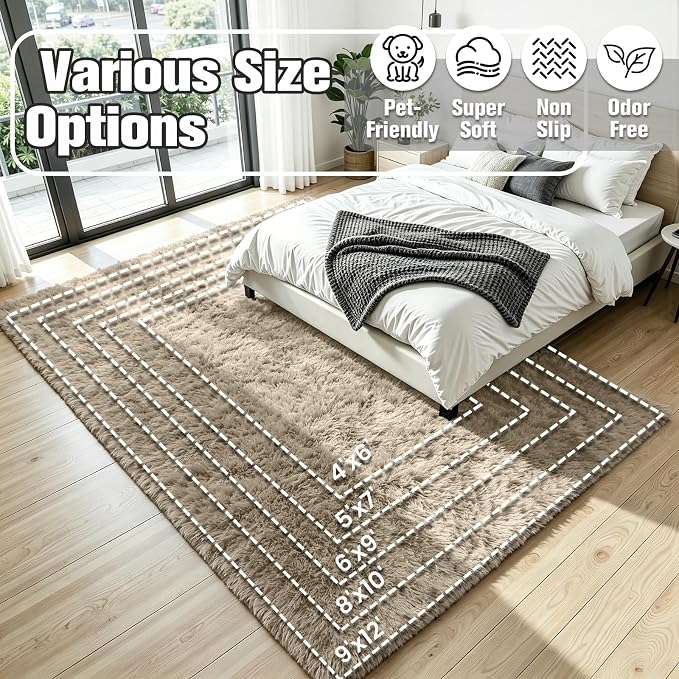 6x9 Area Rug for Living Room, Ultra Soft Fluffy Grey Camel Rugs for Bedroom, Non Slip Large Shag Carpet, Fuzzy Plush Nursery Rug, Thick Washable Indoor Floor Carpets for Kids Office Dorm Home Decor