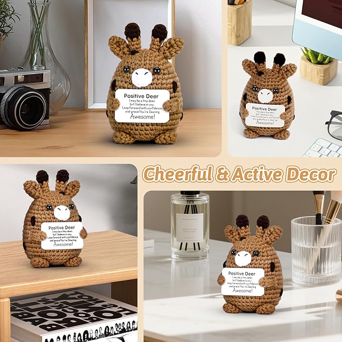 Positive Crochet Deer, Handmade Emotional Support Animals Plush Cute Stuff, Funny Inspirational Friendship Stress Relief Birthday Graduation Gifts for Women Teens Girls Coworkers Friends