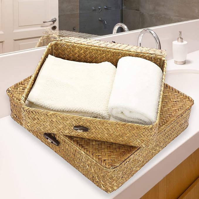 Hipiwe Set of 2 Flat Woven Wicker Storage Bins with Lid Seagrass Basket Box | Natural Handwoven Basket Multipurpose Home Organizer Bins Boxes for Shelf Organizer, Caramel