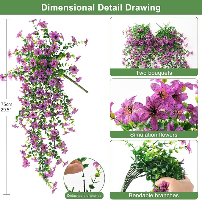 INQCMY Artificial Fake Hanging Flowers Plants for Outdoor Spring Decoration | 2 PCS Faux Silk Daisy with Eucalyptus Leaves,UV Resistant Look Real for Outside Home Planter Porch Patio Balcony Yard Decor