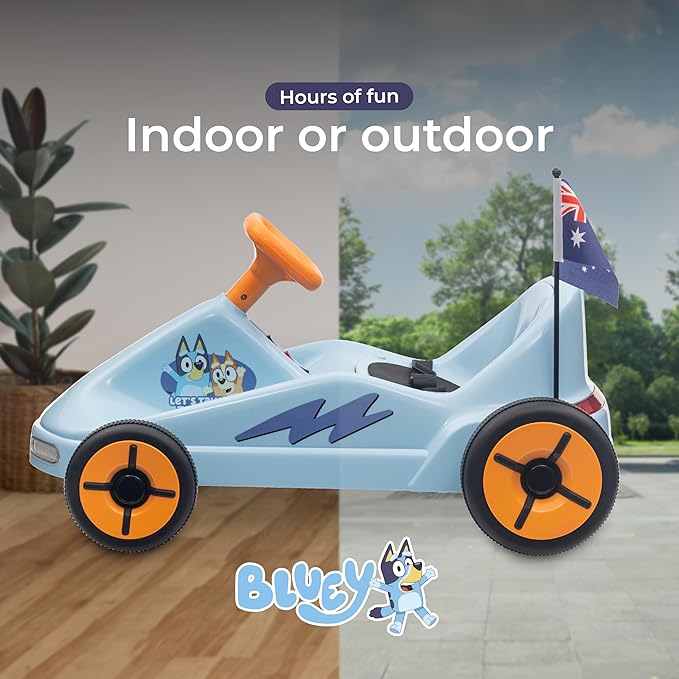 Bluey 12V Electric Go Kart for Kids, Electric Ride-On Toy with Lights, Seat Belt, Ages 3-6, Durable PVC and Iron Construction, Rechargeable Battery, Outdoor and Indoor Fun