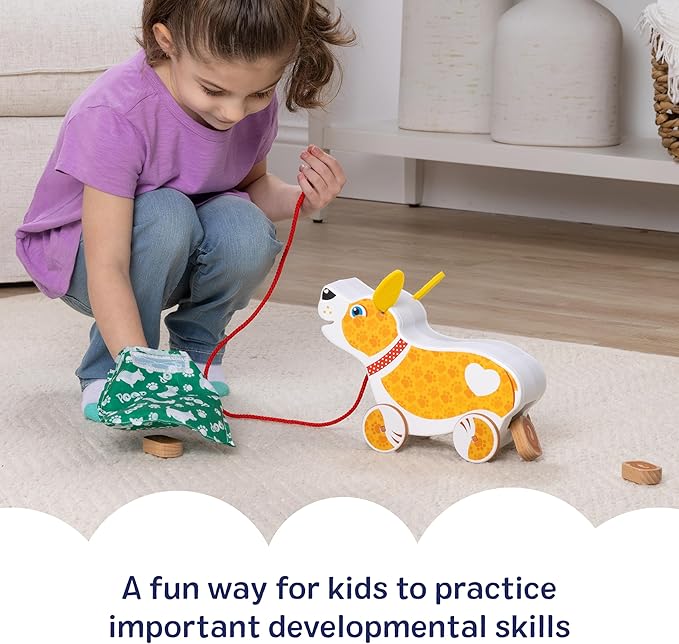 Melissa & Doug Feed, Walk & Poo Pup Wooden Preschool Pull Toy Play Set Ages 3+ - FSC Certified