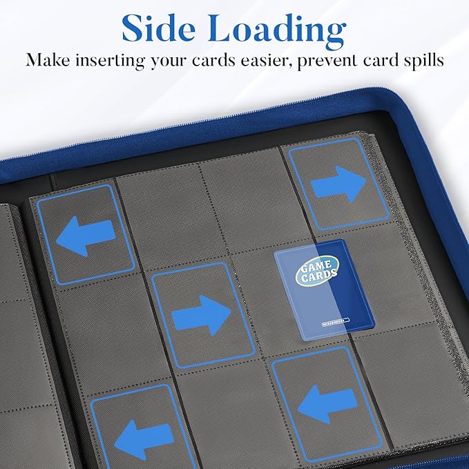 Premium Zip Card Binder 12 Pocket, Fabmaker 912 Pockets Trading Card Binder, PU Zipper Card Collection Album, Sturdy Side-Loading Card Book Holder for Game & Sports Cards, Royal Blue