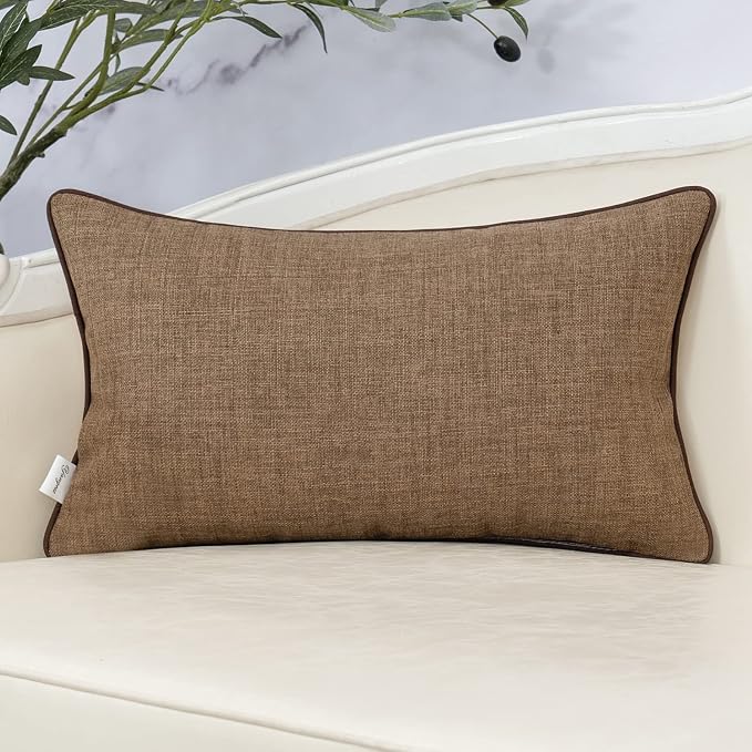 Patchwork Pillow Cover 12x20 Inch Luxury Cotton and Linen Cushion Cover Faux Leather Pillowcover for Couch Bedroom Living Room, Brown
