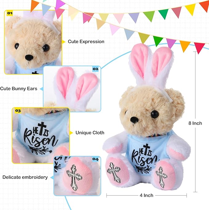 Easter Stuffed Animal Teddy Bear with Bunny Ears Headband, 8 Inch Soft Plush Toy Easter Gift for Kids, Easter Basket Stuffer for Boys Girls, Easter Plush for Spring Decor | He is Risen