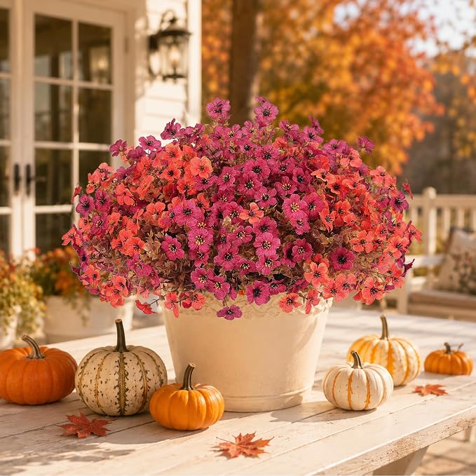 Artificial Fake Mums Flowers Plants for Outdoors Autumn Decorations,12 Bundles Faux Mums Silk Daisy Fall Flowers Plant UV Resistant Look Real for Outside Planters Porch Front Yard Home Orange Burgundy
