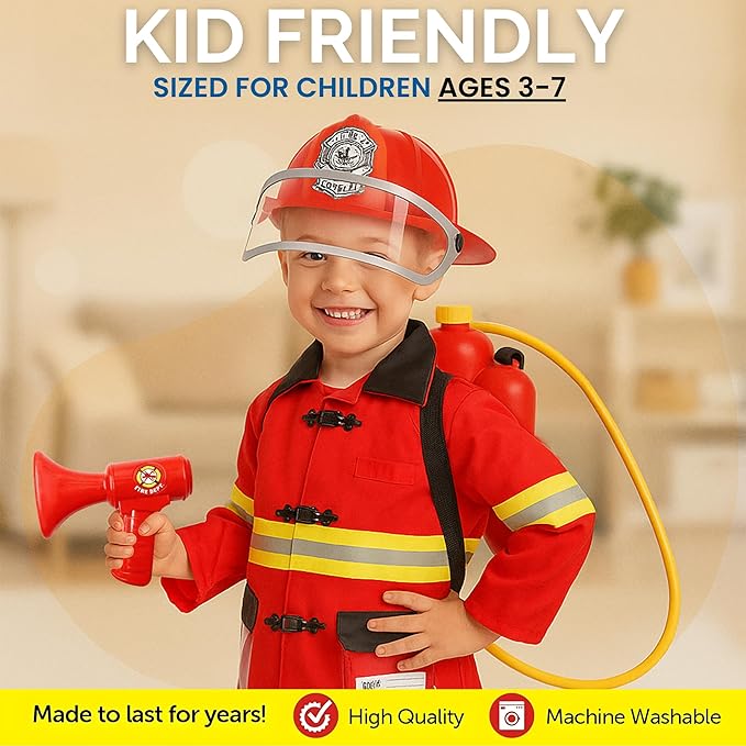Liberty Imports 12 Piece Kids Fireman Costume Gear Firefighter Chief Dress Up Clothes for Role Play Toy Set with Backpack Water Gun, Fire Extinguisher and Accessories