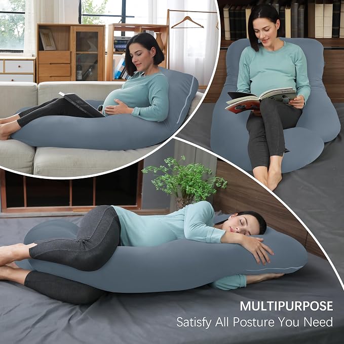 MOON PARK Pregnancy Pillows for Sleeping - U Shaped Full Body Maternity Pillow with Removable Cover - Support for Back, Legs, Belly, HIPS - 65 Inch - Grey - Cooling Cover