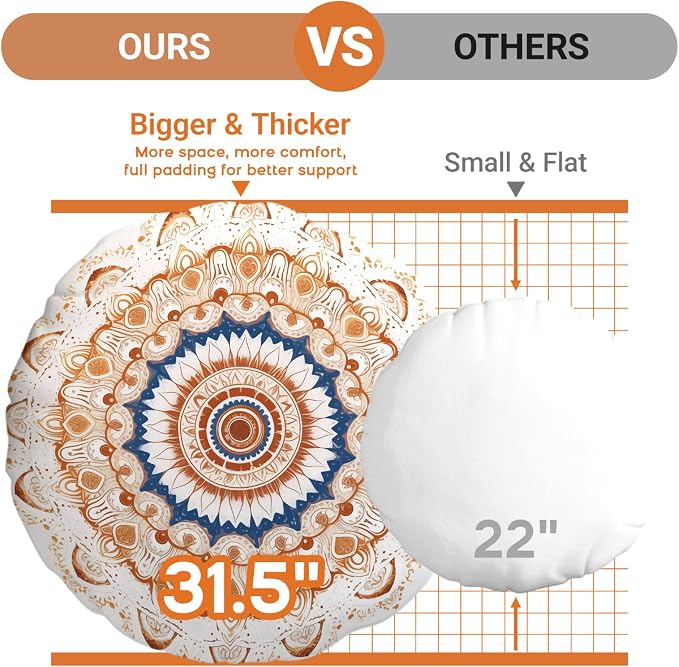 Meditation Cushion Set of 2, Round Floor Pillow Seating for Adults, Bohemian Mandala Yoga Cushion, 32" Extra Thick Memory Foam Removable Washable Cover, Ideal Gift Holiday Decor, Brown