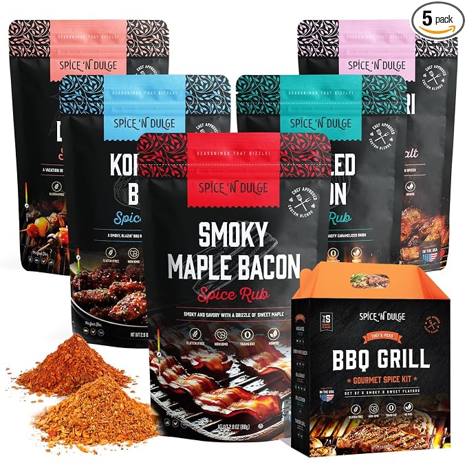 BBQ Grilling Rubs & Grill Seasonings Gift Set, 5 Gourmet Smoking Spice Rub Packs & Smoker Accessories, Spices Kit, Grilling Gifts For Men, Him, Dad, Husband, Gluten-Free, Kosher, Fathers Day Gift For Dad