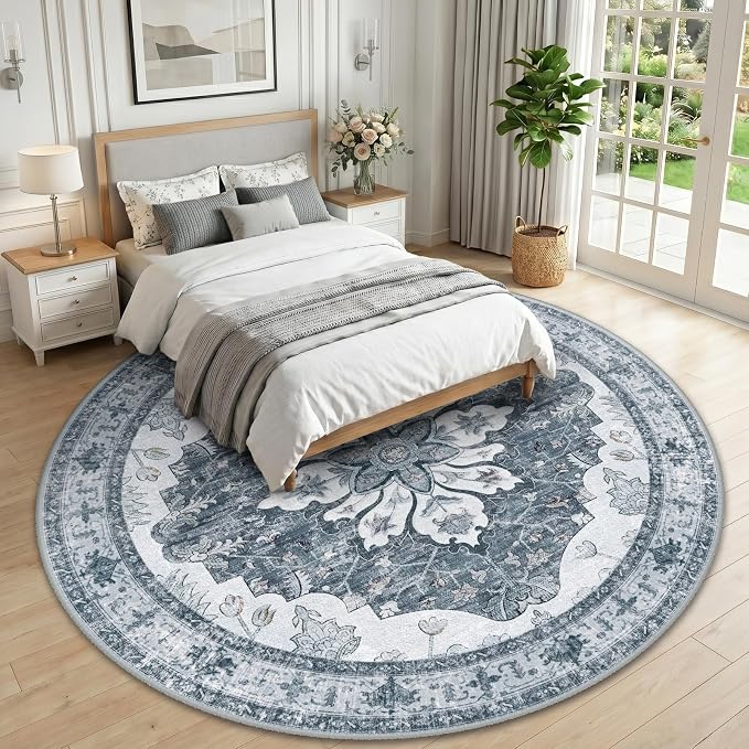 RELEANY Area Rugs Round 10ft Washable Non-Slip, Floral Vintage Distress Medallion Carpet for Living Room Bedroom Dining Room, Light Gray Grey White