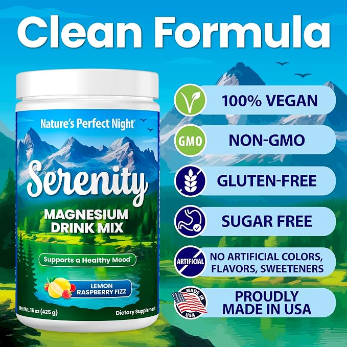 Nature’s Perfect Night | Serenity Magnesium Drink Mix Powder | Anti-Stress | Gluten Free | Vegan | Non-GMO | Sugar-Free | Supports Relaxation, Sleep, Heart, Bone, and Nerve Health | 15 oz