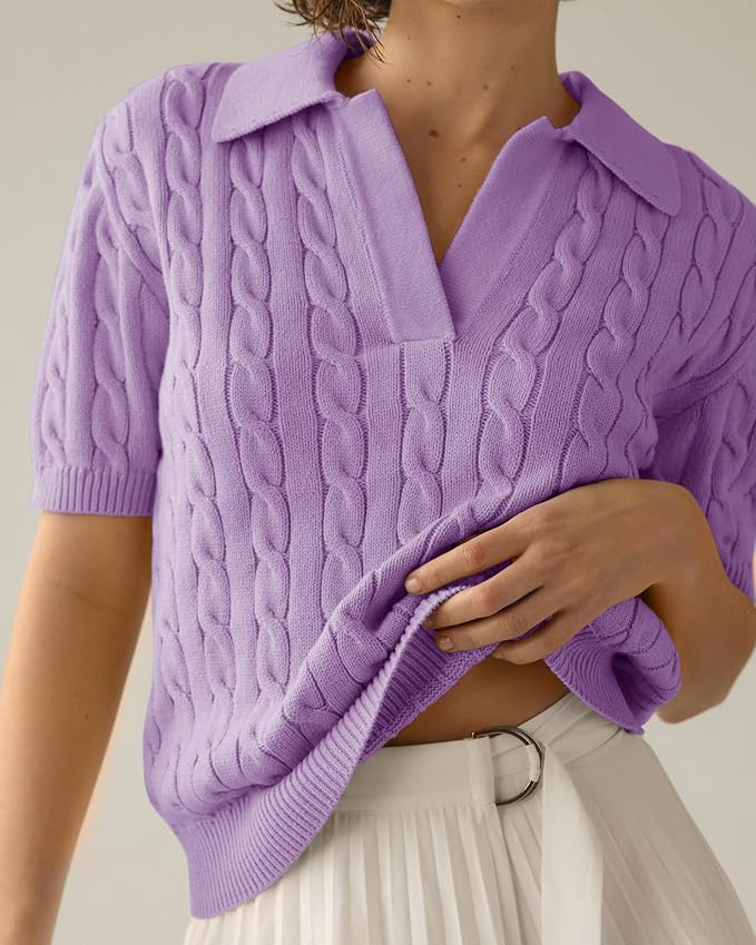 Imily Bela Womens Cable Short Sleeve Sweaters Tops Lapel V Neck Knit Shirt | Solid,Knit Casual,Soft Pullover,Fall Sweaters,Womens Summer Work Tops