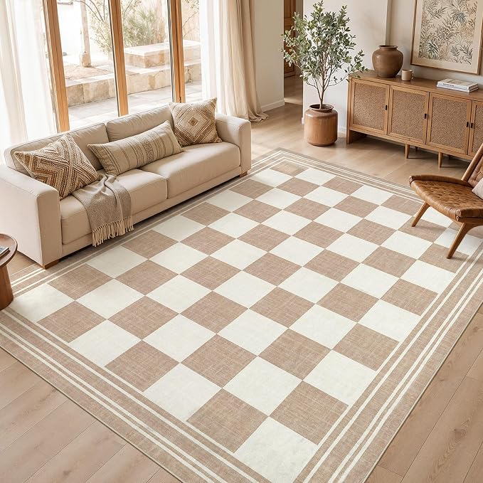 cotiled Washable Area Rugs 9x12 Living Room | Non Slip Backing, Stain Resistant, Pet Friendly, Large Neutral Soft Indoor Carpet For Bedroom, Nursery, Office, Khaki/Brown