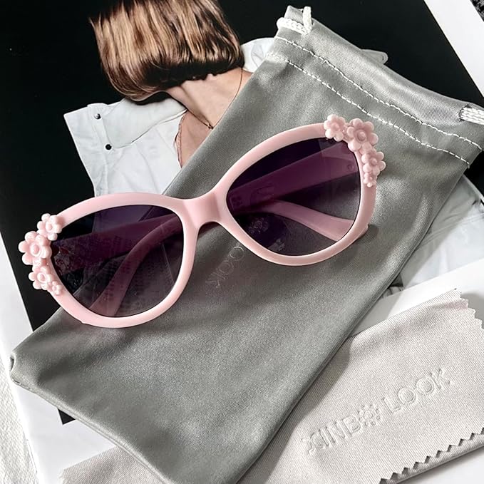 XINB LOOK Kids Sunglasses Girls, Cute Flower Frame Cartoon UV Glasses, Toddler Sunglasses Party Favor for Ages 3-10 (Pink)