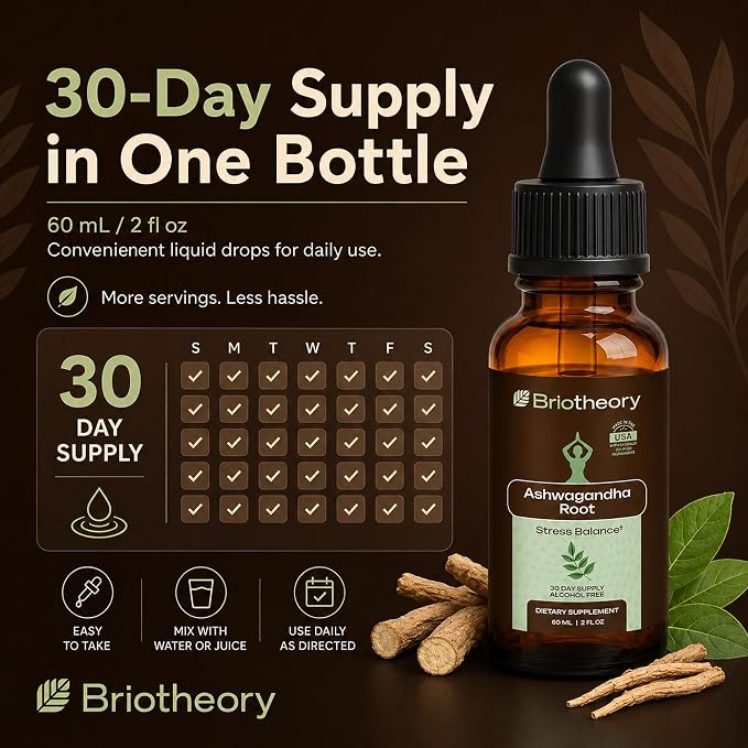 Liquid Ashwagandha Drops | Ashwagandha Tincture Herbal Supplement for Stress Relief, Sleep Support & Energy | Alcohol-Free, Vegan, Non-GMO – 60ml (30 Days Supply)