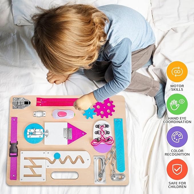 Montessori Busy Board for Toddlers, Wooden Sensory Toys, Kids 1-3 Travel Toy, Preschool Learning Activities for Fine Motor Skills, Basic Life Skills Educational Gifts for 1 2 3 Years Old Girls (Pink)
