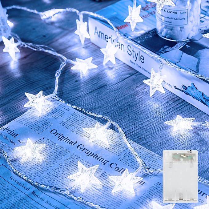 Minetom Star String Lights Battery Operated - 17 ft 50 LED Star Fairy String Lights with Timer, Waterproof for Indoor Bedroom Tent Loft Bed Patio Party Wedding Decor, White