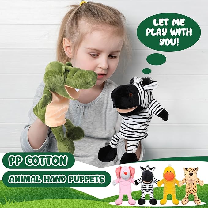 Wettarn 10 Pcs Animal Hand Puppets 12 Inch Soft Plush Plush Puppets Lion Orangutan Giraffe Tiger Pig Elephant Hand Puppets for Boys and Girls Storytelling, Teaching, Role Playing(Funny Style)