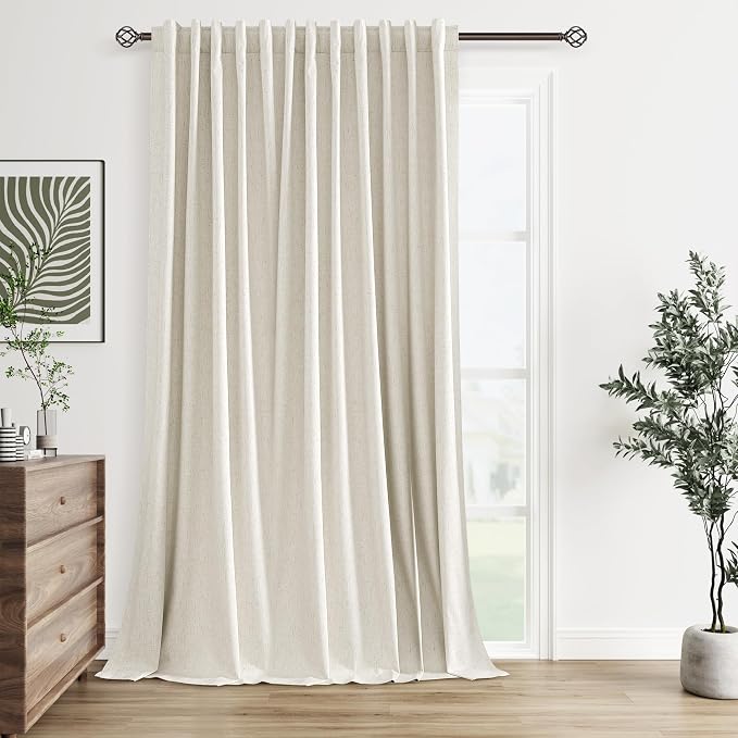 Guken Extra Wide 100% Blackout Linen Curtains for Bedroom 120 Inch Long 10 FT Natural Cream Black Out Curtain Back Tab Room Darkening Window Drapes for Living Room 1 PanelBeige Ivory 100x120