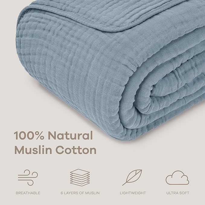 Comfy Cubs Adult Muslin Blanket 108x90” King Swaddle Blankets, Pacific Blue | 6 Layer Soft, Breathable & Lightweight Muslin Adult Blanket - Machine Washable & Designed in the US Bedding for All Seasons