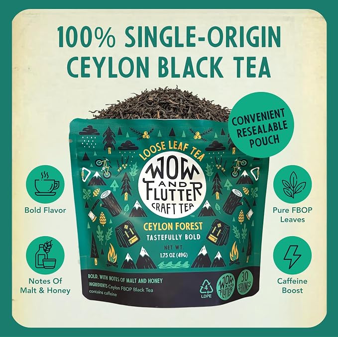 Wow and Flutter Ceylon Forest Loose Leaf Black Tea | Single-Origin Sri Lankan FBOP Leaves, Bold, Smooth & Naturally Sweet Malt + Honey Notes | Small-Batch Fresh Packed - 1.75 oz Pouch