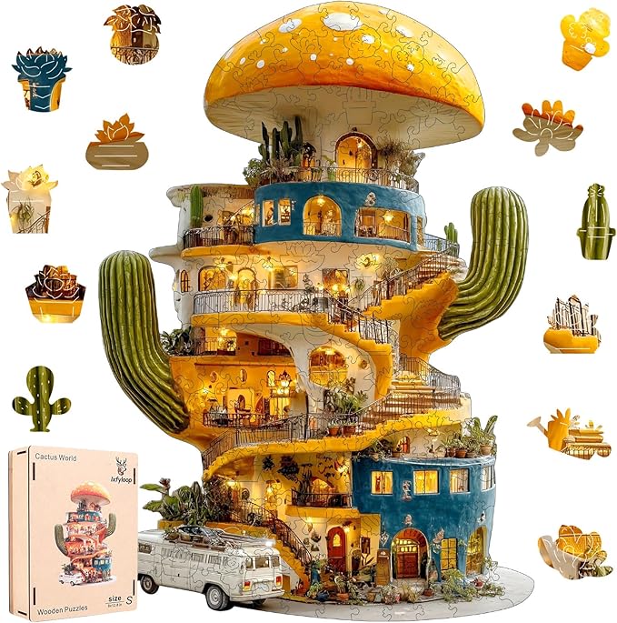 Ixfyloop Cactus Building Wooden Puzzles for Adults, Mushroom House Jigsaw Puzzles 500 Pieces, Plant Unique Shape Puzzles, Best Gifts for Teens, Family Game 19.3x13.6 inch