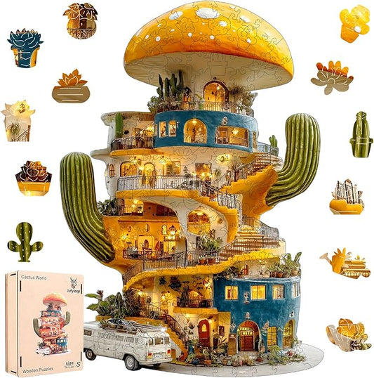 Ixfyloop Cactus Jigsaw Puzzles for Adults, Mushroom House Wooden Puzzles, Plant Wood Puzzle Unique Shape 200 Pieces, Best Gifts for Teens, Family Game 9.1x12.8 inch