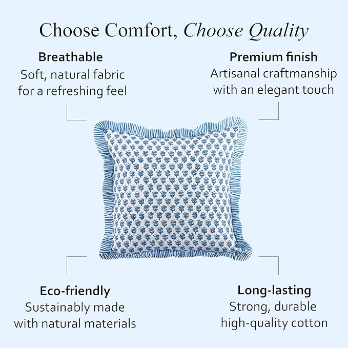 CPC Block Print Ruffle Throw Cover Apatite Blue 24"x24" Inch Pack of 2-100% Cotton Ruffle Couch Decorative Boho Pillows Case for Living Room, Bedroom, Sofa, Farmhouse Gift for Spring, Mother's Day
